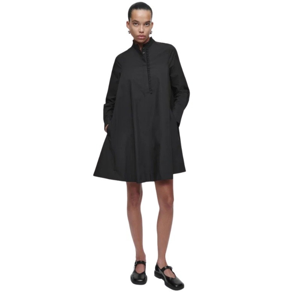 COS Ruffled Swing Mini Dress Black Cotton Poplin A-Line Shirt Dress Size 4